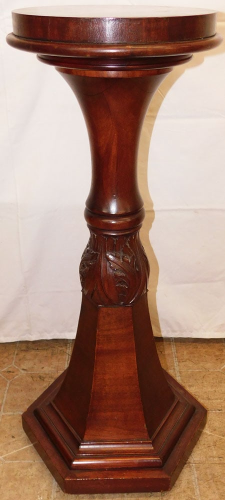 Antique Mahogany Pedestal: Antique Mahogany Pedestal . 36 3/4" H 14 1/2" Dia. ALL DESCRIPTIONS AND ANY CONDITION STATEMENT GIVEN BY LANGSTON AUCTION GALLERY ARE STRICTLY OPINIONS AND LANGSTON'S SHALL HAVE NO RESPONSIBILITY FOR 