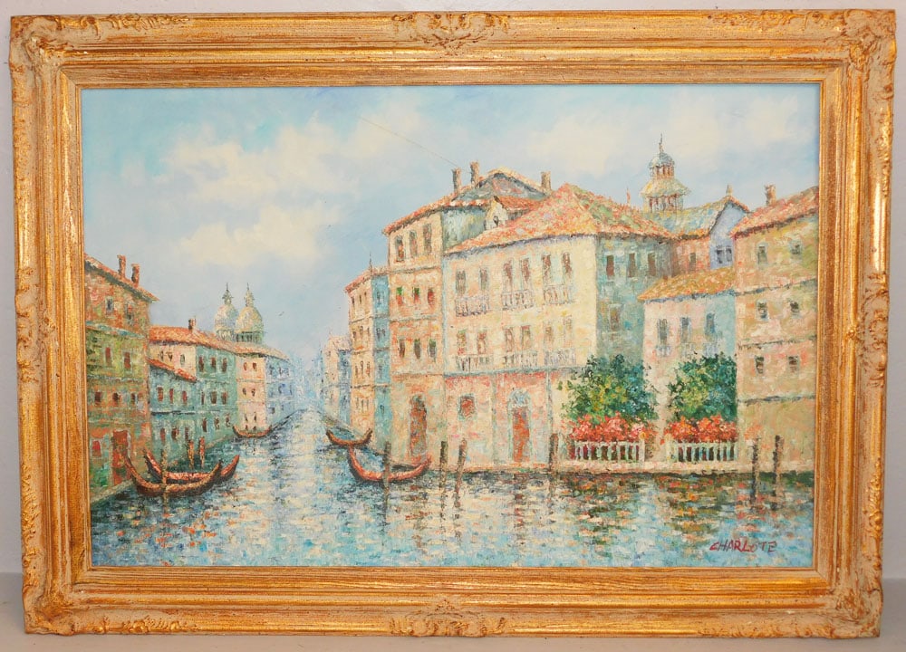 Framed Oil on Canvas Venetian Scene Artist Signed: Framed Oil on Canvas Venetian Scene Artist Signed . 31" x 42 1/2" ALL DESCRIPTIONS AND ANY CONDITION STATEMENT GIVEN BY LANGSTON AUCTION GALLERY ARE STRICTLY OPINIONS AND LANGSTON'S SHALL HAVE NO RESP