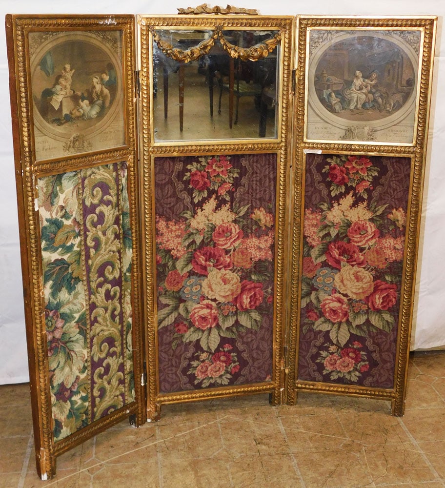 Antique Gilded Frame Three Panel French Screen: Antique Gilded Frame Three Panel French Screen. 39 1/4" x 38 3/4" ALL DESCRIPTIONS AND ANY CONDITION STATEMENT GIVEN BY LANGSTON AUCTION GALLERY ARE STRICTLY OPINIONS AND LANGSTON'S SHALL HAVE NO RESP