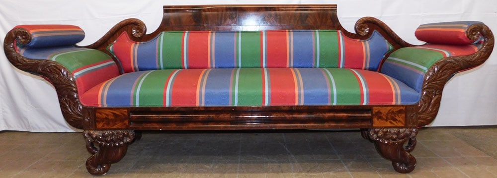 Antique Carved Mahogany Federal Sofa with Cornucopia Feet: Antique Carved Mahogany Federal Sofa with Cornucopia Feet . 37 1/4" H 103" L 25" D ALL DESCRIPTIONS AND ANY CONDITION STATEMENT GIVEN BY LANGSTON AUCTION GALLERY ARE STRICTLY OPINIONS AND LANGSTON'S S
