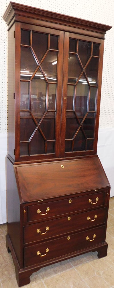 Mahogany Glass Door Secretary by Henkel Harris: Mahogany Glass Door Secretary by Henkel Harris . 82" H 32" W 19" D ALL DESCRIPTIONS AND ANY CONDITION STATEMENT GIVEN BY LANGSTON AUCTION GALLERY ARE STRICTLY OPINIONS AND LANGSTON'S SHALL HAVE NO RES