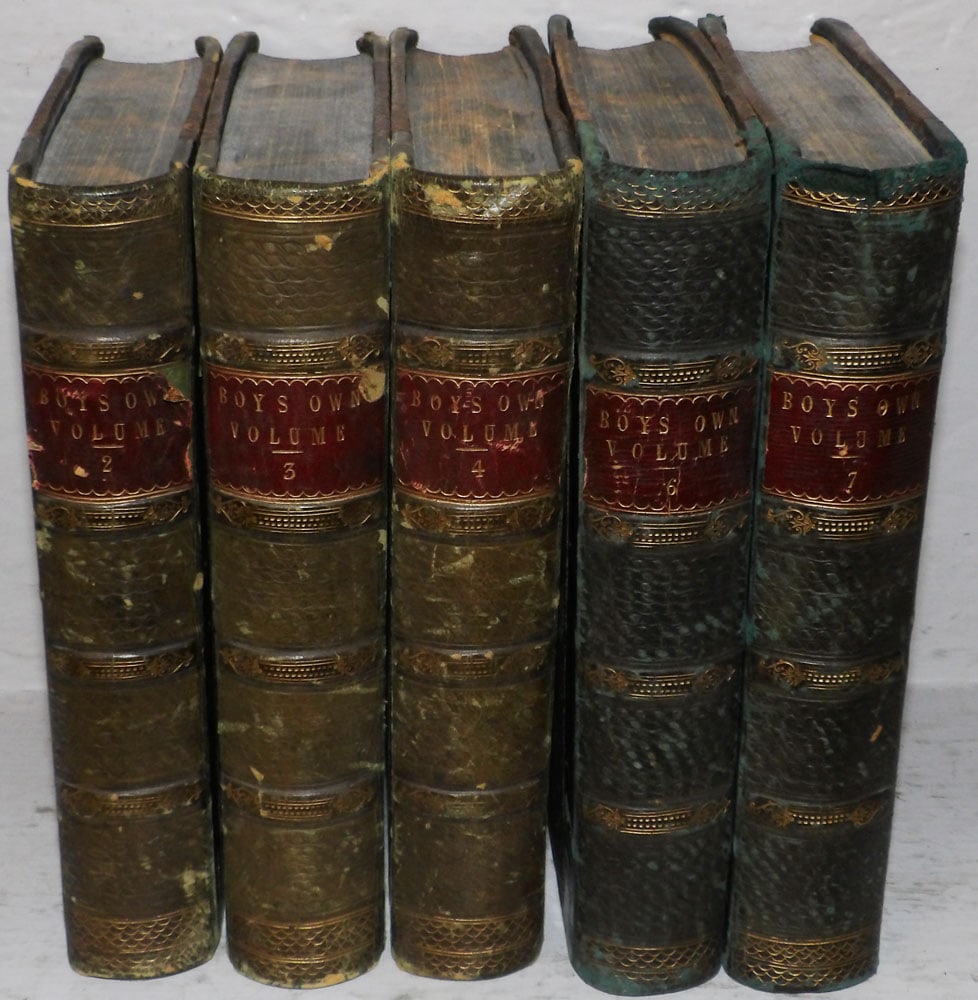 Five Antique English Leather Bound Books, Boy's Own Volume: Five Antique English Leather Bound Books, Boy's Own Volume . 8 1/2" x 5 3/4" ALL DESCRIPTIONS AND ANY CONDITION STATEMENT GIVEN BY LANGSTON AUCTION GALLERY ARE STRICTLY OPINIONS AND LANGSTON'S SHALL