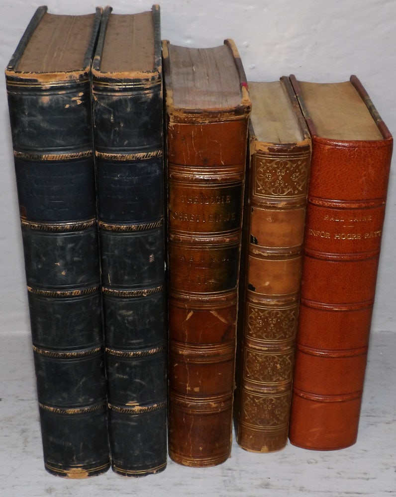 Five Antique English Leather Bound Books, Different Titles: Five Antique English Leather Bound Books, Different Titles. 9 1/2" x 6 1/4" ALL DESCRIPTIONS AND ANY CONDITION STATEMENT GIVEN BY LANGSTON AUCTION GALLERY ARE STRICTLY OPINIONS AND LANGSTON'S SHALL HA