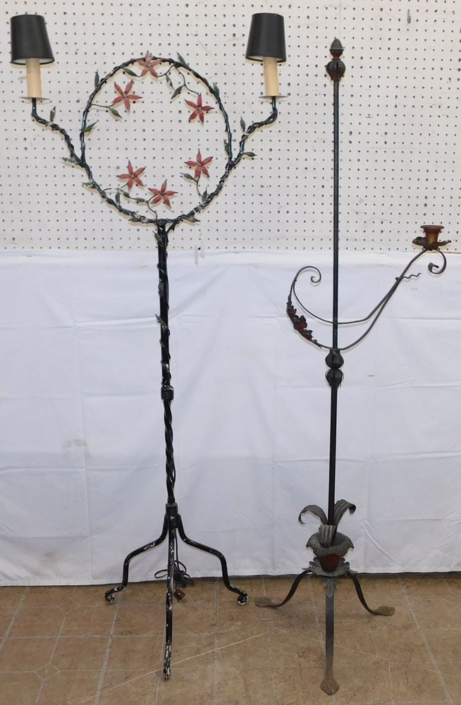 Two Wrought Iron Floor Lamps: Two Wrought Iron Floor Lamps . Up to 66" H 26" W ALL DESCRIPTIONS AND ANY CONDITION STATEMENT GIVEN BY LANGSTON AUCTION GALLERY ARE STRICTLY OPINIONS AND LANGSTON'S SHALL HAVE NO RESPONSIBILITY FOR