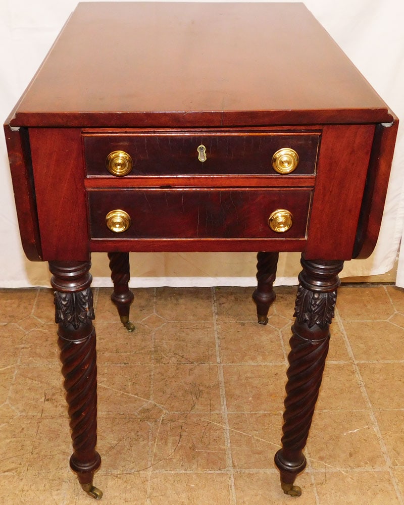 19th Century Mahogany Barley Twist & Acanthus Leaf Carved Two Drawer Stand: 19th Century Mahogany Barley Twist & Acanthus Leaf Carved Two Drawer Stand. 29 1/4" H 18 1/4" W 24" D ALL DESCRIPTIONS AND ANY CONDITION STATEMENT GIVEN BY LANGSTON AUCTION GALLERY ARE STRICTLY OPINIO