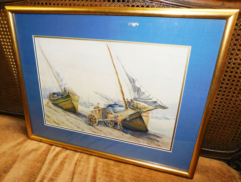 Framed Watercolor Boat Dock Scene: Framed Watercolor Boat Dock Scene. 19 3/4" x 25 3/4" ALL DESCRIPTIONS AND ANY CONDITION STATEMENT GIVEN BY LANGSTON AUCTION GALLERY ARE STRICTLY OPINIONS AND LANGSTON'S SHALL HAVE NO RESPONSIBILITY FO