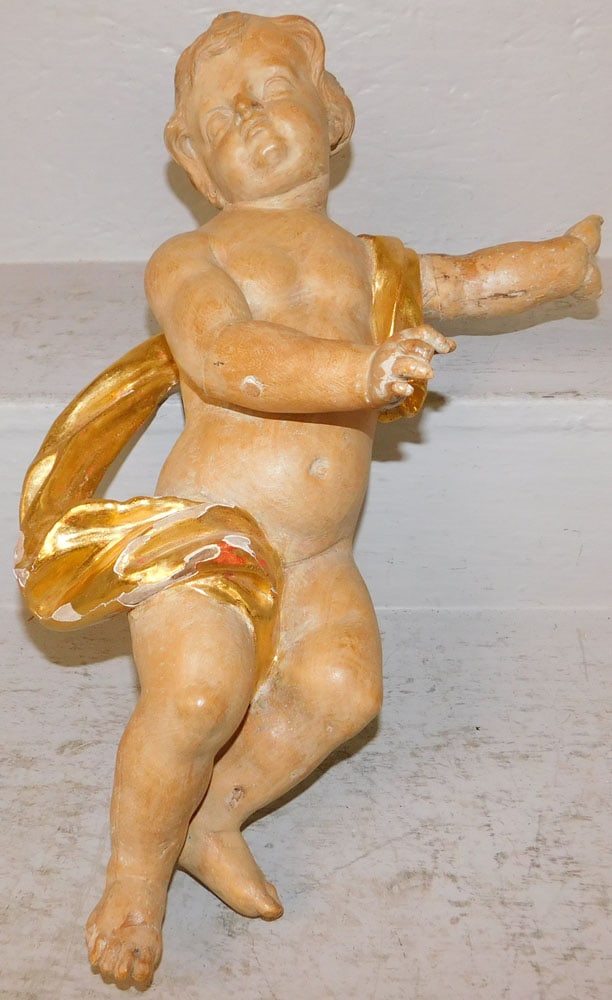 19th Century Carved Wood Cherub: 19th Century Carved Wood Cherub . 19" H 11" W ALL DESCRIPTIONS AND ANY CONDITION STATEMENT GIVEN BY LANGSTON AUCTION GALLERY ARE STRICTLY OPINIONS AND LANGSTON'S SHALL HAVE NO RESPONSIBILITY FOR ERROR