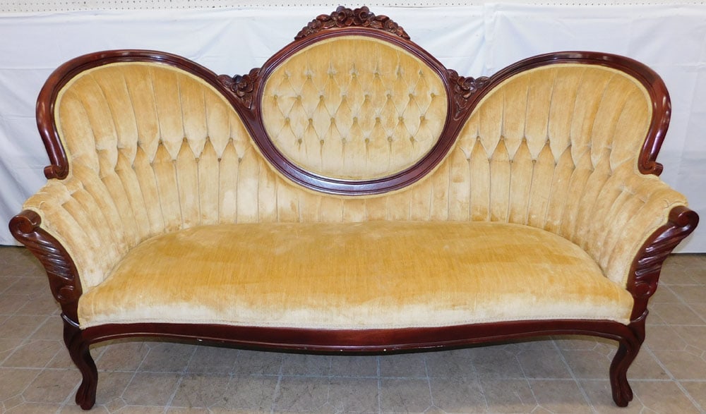 Carved Mahogany Victorian Style Sofa by Kimball: Carved Mahogany Victorian Style Sofa by Kimball. 43" H 70 1/2" W 31" D ALL DESCRIPTIONS AND ANY CONDITION STATEMENT GIVEN BY LANGSTON AUCTION GALLERY ARE STRICTLY OPINIONS AND LANGSTON'S SHALL HAVE NO