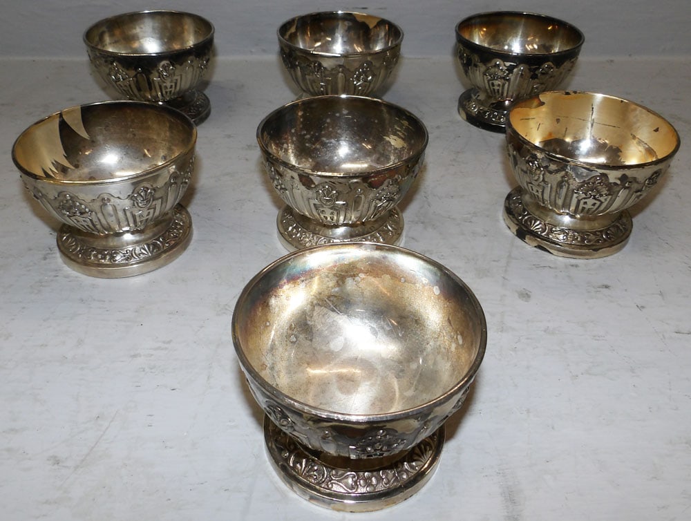 Seven Silverplated Catchalls by Corbel & Co.: Seven Silverplated Catchalls by Corbel & Co.. 2 1/4" H 3 1/4" Dia. ALL DESCRIPTIONS AND ANY CONDITION STATEMENT GIVEN BY LANGSTON AUCTION GALLERY ARE STRICTLY OPINIONS AND LANGSTON'S SHALL HAVE NO