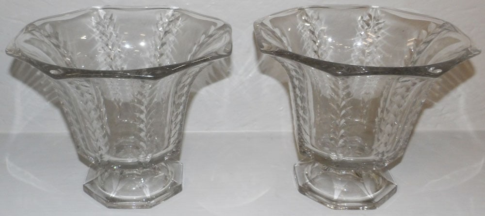 Pair of Octagonal Form Glass Pedestal Base Vases: Pair of Octagonal Form Glass Pedestal Base Vases . 6 3/4" H 8 1/2" Dia. ALL DESCRIPTIONS AND ANY CONDITION STATEMENT GIVEN BY LANGSTON AUCTION GALLERY ARE STRICTLY OPINIONS AND LANGSTON'S SHALL HAVE