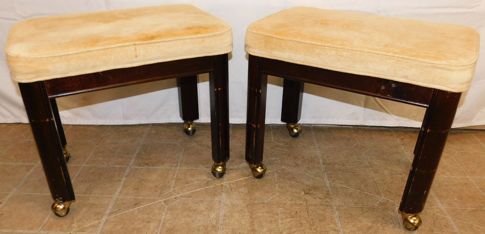 Pair of Cherry & Upholstered Top Ottomans by Gordon's: Pair of Cherry & Upholstered Top Ottomans by Gordon's. 18" H 20 1/2" W 15" D ALL DESCRIPTIONS AND ANY CONDITION STATEMENT GIVEN BY LANGSTON AUCTION GALLERY ARE STRICTLY OPINIONS AND LANGSTON'S SHALL