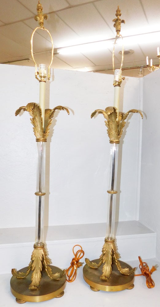 Pair of Brass & Glass John Richards Style Buffet Lamps: Pair of Brass & Glass John Richards Style Buffet Lamps . 52" H 10" Dia. ALL DESCRIPTIONS AND ANY CONDITION STATEMENT GIVEN BY LANGSTON AUCTION GALLERY ARE STRICTLY OPINIONS AND LANGSTON'S SHALL HAVE