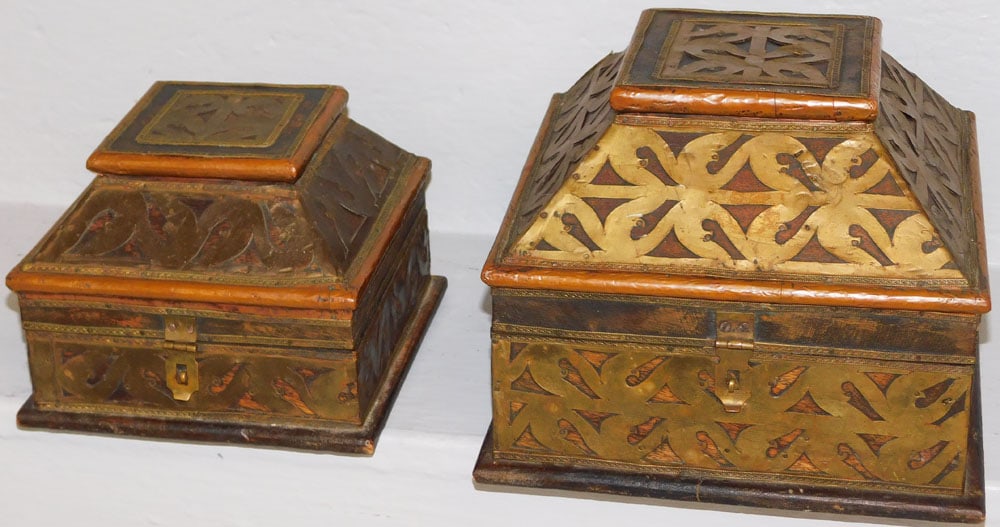 Two Antique Mahogany & Copper Bound Casket Form Boxes with Brass Ormolu: Two Antique Mahogany & Copper Bound Casket Form Boxes with Brass Ormolu. Up to 7" H 9" Dia. ALL DESCRIPTIONS AND ANY CONDITION STATEMENT GIVEN BY LANGSTON AUCTION GALLERY ARE STRICTLY OPINIONS AND LAN