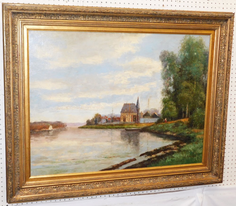Framed Oil on Canvas Lake Scene Artist Signed: Framed Oil on Canvas Lake Scene Artist Signed . 39 1/2" x 49 1/4" ALL DESCRIPTIONS AND ANY CONDITION STATEMENT GIVEN BY LANGSTON AUCTION GALLERY ARE STRICTLY OPINIONS AND LANGSTON'S SHALL HAVE NO