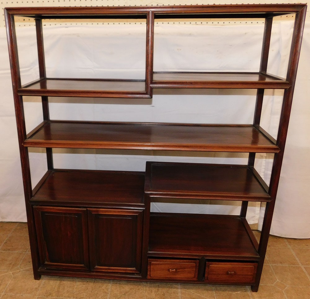 Antique Chinese Rosewood Etagere: Antique Chinese Rosewood Etagere. 45" H 39 1/4" W 14" D ALL DESCRIPTIONS AND ANY CONDITION STATEMENT GIVEN BY LANGSTON AUCTION GALLERY ARE STRICTLY OPINIONS AND LANGSTON'S SHALL HAVE NO RESPONSIBILITY