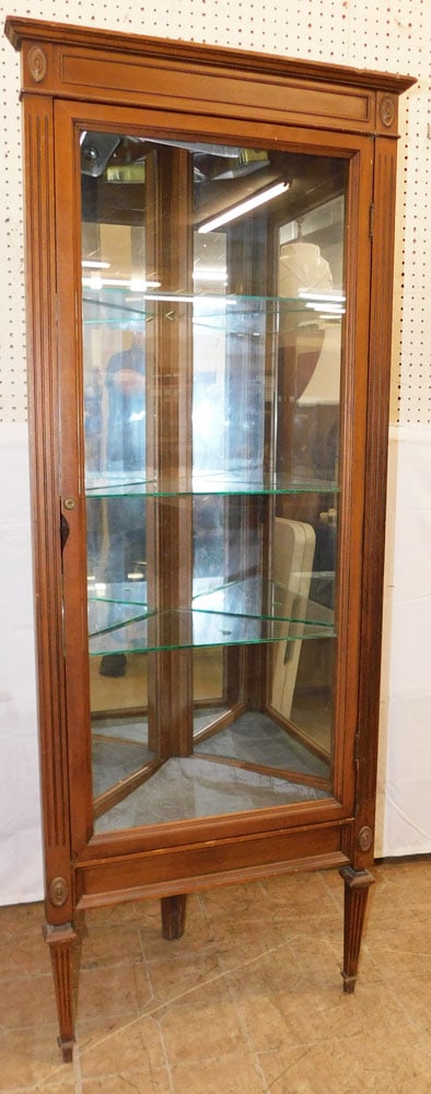 Cherry Glass Door & Mirror Back Corner Cabinet: Cherry Glass Door & Mirror Back Corner Cabinet . 65" H 25 1/2" W 14 3/4" D ALL DESCRIPTIONS AND ANY CONDITION STATEMENT GIVEN BY LANGSTON AUCTION GALLERY ARE STRICTLY OPINIONS AND LANGSTON'S SHALL