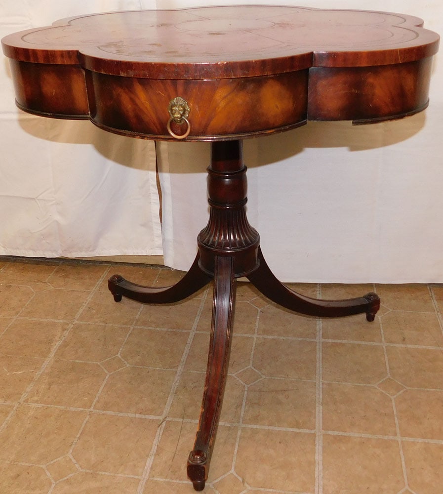 Mahogany & Tooled Leather Top Clover Leaf Form One Drawer Drum Table (1 of 5)