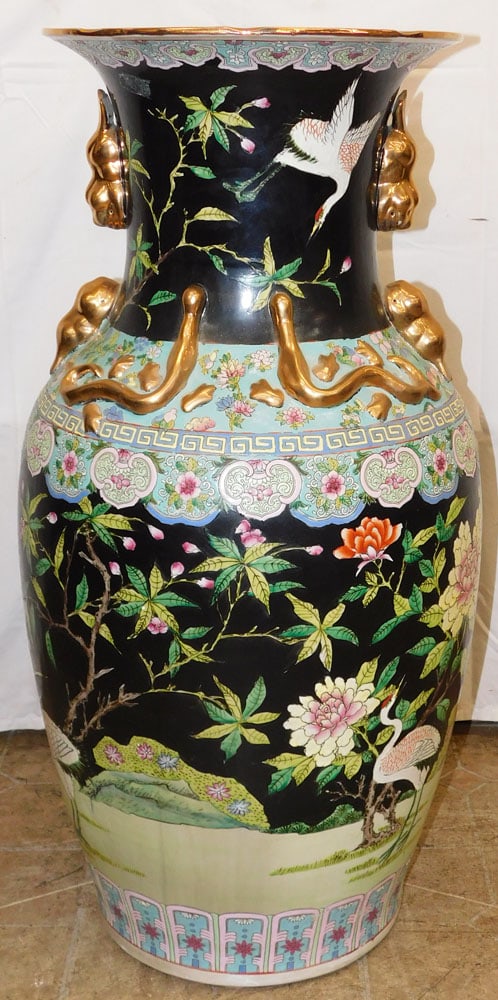 Large Oriental Porcelain Floor Vase, (Has Hairline): Large Oriental Porcelain Floor Vase, (Has Hairline). 36 1/2" H 17" Dia. ALL DESCRIPTIONS AND ANY CONDITION STATEMENT GIVEN BY LANGSTON AUCTION GALLERY ARE STRICTLY OPINIONS AND LANGSTON'S SHALL HAVE N