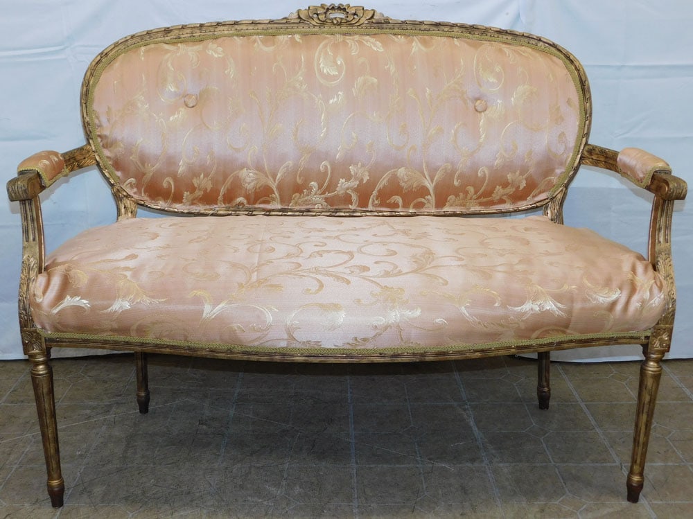 Gilded Carved Wood Louis XVI Style Settee: Gilded Carved Wood Louis XVI Style Settee. 39 1/2" H 51" W 27" D ALL DESCRIPTIONS AND ANY CONDITION STATEMENT GIVEN BY LANGSTON AUCTION GALLERY ARE STRICTLY OPINIONS AND LANGSTON'S SHALL HAVE NO RESPO