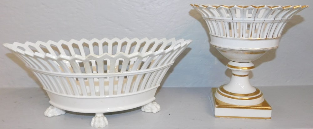 Old Paris Porcelain Open Work Compote & Open Work Jardiniere, (Restoration): Old Paris Porcelain Open Work Compote & Open Work Jardiniere, (Restoration). Up to 5 1/2" H 14" W ALL DESCRIPTIONS AND ANY CONDITION STATEMENT GIVEN BY LANGSTON AUCTION GALLERY ARE STRICTLY OPINIONS A