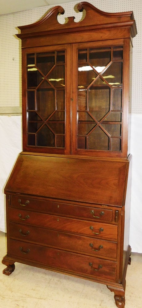 Mahogany Two Piece Slant Front Glass Door Secretary: Mahogany Two Piece Slant Front Glass Door Secretary. 95 3/4" H 43 1/2" W 22 1/2" D ALL DESCRIPTIONS AND ANY CONDITION STATEMENT GIVEN BY LANGSTON AUCTION GALLERY ARE STRICTLY OPINIONS AND LANGSTON'S S