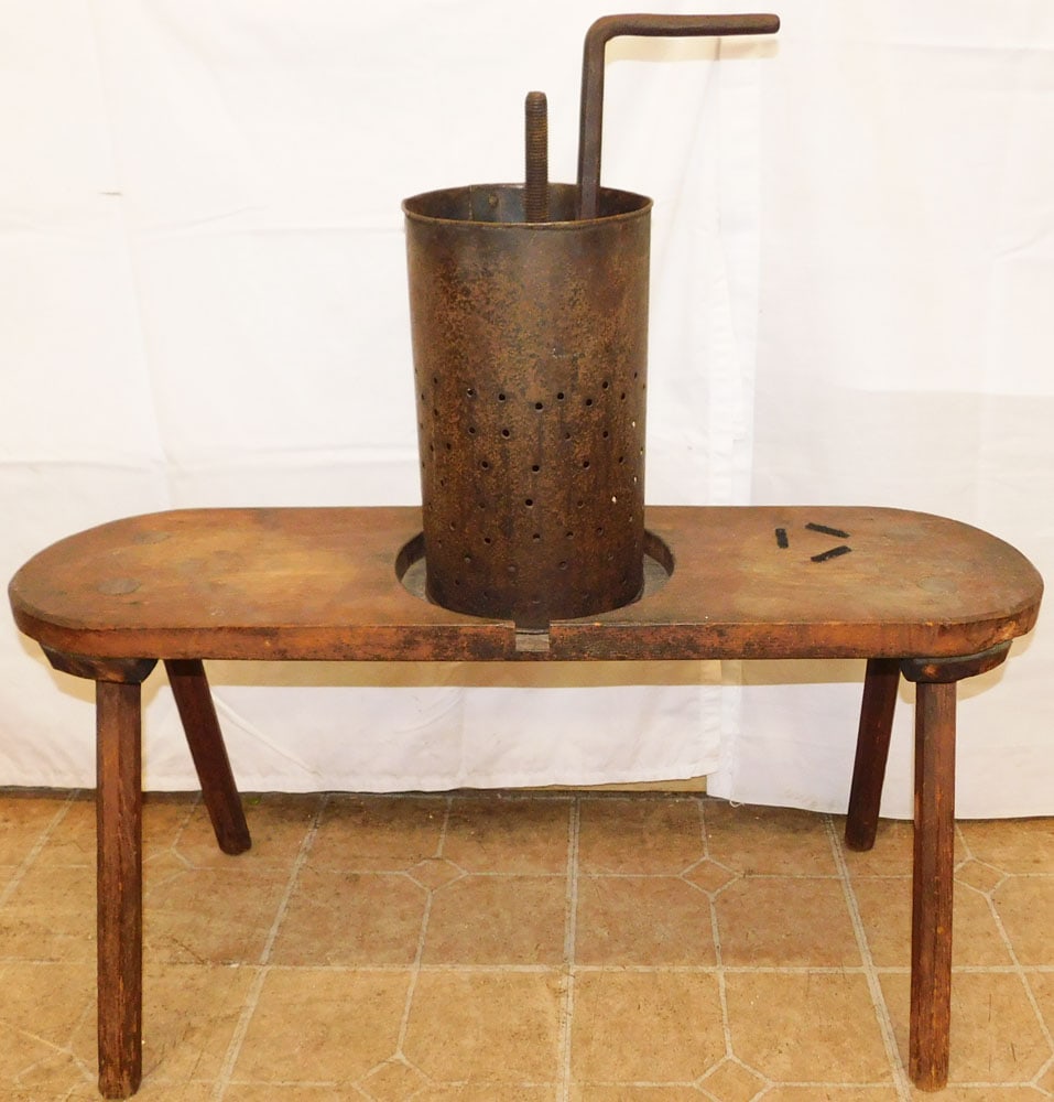 Antique Oak & Metal Wine Press: Antique Oak & Metal Wine Press. 34 1/2" H 36" W 15 1/2" D ALL DESCRIPTIONS AND ANY CONDITION STATEMENT GIVEN BY LANGSTON AUCTION GALLERY ARE STRICTLY OPINIONS AND LANGSTON'S SHALL HAVE NO