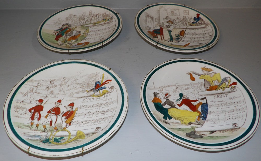 Set of Four French Faust Comic Opera Plates, Sujets Musicaux, (Two with Hairlines): Set of Four French Faust Comic Opera Plates, Sujets Musicaux, (Two with Hairlines). Up to 8 1/2" Dia. ALL DESCRIPTIONS AND ANY CONDITION STATEMENT GIVEN BY LANGSTON AUCTION GALLERY ARE STRICTLY