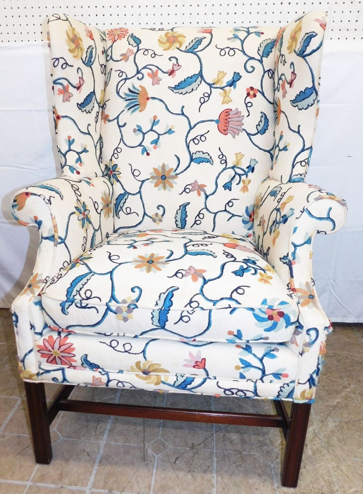 Crewel Upholstered Wing Back Chair by Southwood: Crewel Upholstered Wing Back Chair by Southwood. 44" H 31 1/2" W 32" D ALL DESCRIPTIONS AND ANY CONDITION STATEMENT GIVEN BY LANGSTON AUCTION GALLERY ARE STRICTLY OPINIONS AND LANGSTON'S SHALL HAVE NO