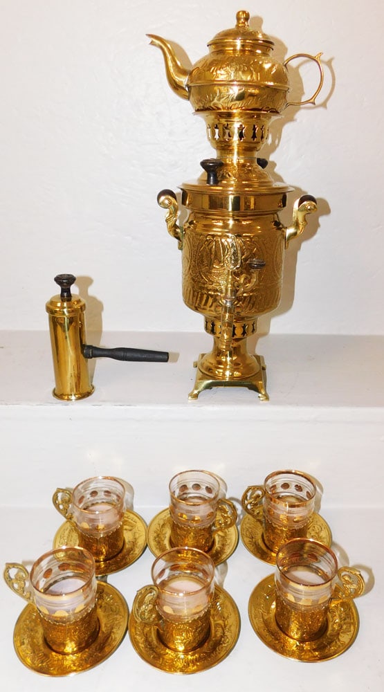 Brass & Glass Samovar Service with Six Cups & Saucers: Brass & Glass Samovar Service with Six Cups & Saucers. 16 1/4" H 7" W ALL DESCRIPTIONS AND ANY CONDITION STATEMENT GIVEN BY LANGSTON AUCTION GALLERY ARE STRICTLY OPINIONS AND LANGSTON'S SHALL HAVE NO 