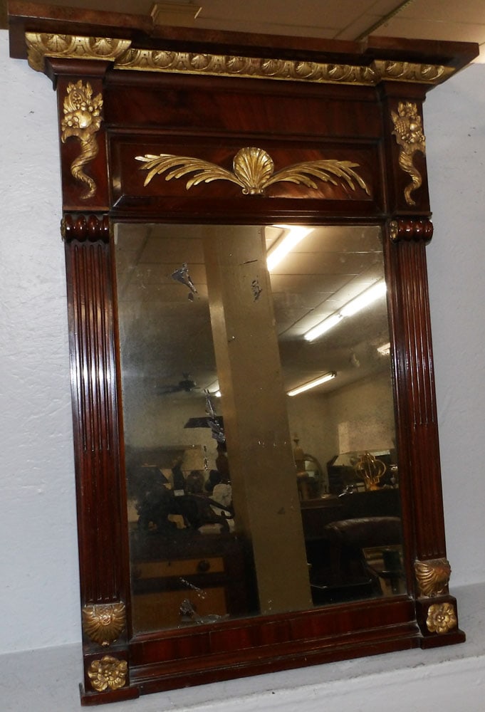 19th Century Mahogany Trumeau Mirror: 19th Century Mahogany Trumeau Mirror . 37 1/2" H 28 1/4" W ALL DESCRIPTIONS AND ANY CONDITION STATEMENT GIVEN BY LANGSTON AUCTION GALLERY ARE STRICTLY OPINIONS AND LANGSTON'S SHALL HAVE NO