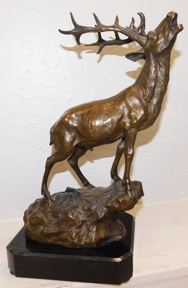Bronze Stag on Marble Base Signed P.J. Mene: Bronze Stag on Marble Base Signed P.J. Mene. 14 3/4" H 10 1/2" W ALL DESCRIPTIONS AND ANY CONDITION STATEMENT GIVEN BY LANGSTON AUCTION GALLERY ARE STRICTLY OPINIONS AND LANGSTON'S SHALL HAVE NO RESPO
