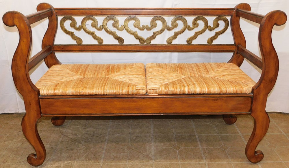 Cherry & Painted Cast Iron Back Bench with Rush Seat (1 of 4)