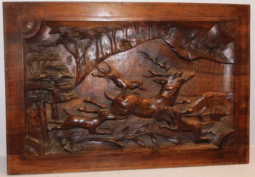 Antique Carved Walnut Panel of Hunting Deer Signed & Dated: Antique Carved Walnut Panel of Hunting Deer Signed & Dated . 18 1/4" x 27" ALL DESCRIPTIONS AND ANY CONDITION STATEMENT GIVEN BY LANGSTON AUCTION GALLERY ARE STRICTLY OPINIONS AND LANGSTON'S SHALL