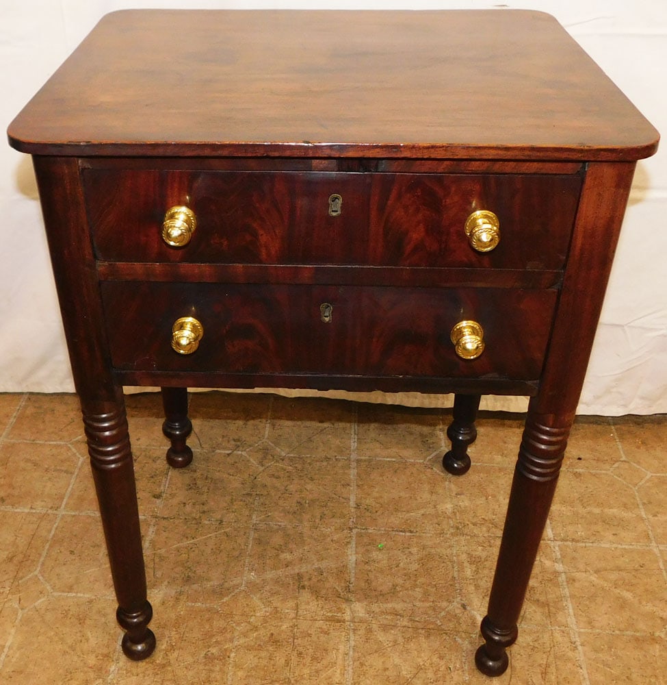 19th Century Mahogany Two Drawer Sheraton Stand: 19th Century Mahogany Two Drawer Sheraton Stand . 28 3/4" H 21" W 16 3/4" D ALL DESCRIPTIONS AND ANY CONDITION STATEMENT GIVEN BY LANGSTON AUCTION GALLERY ARE STRICTLY OPINIONS AND LANGSTON'S SHALL HA