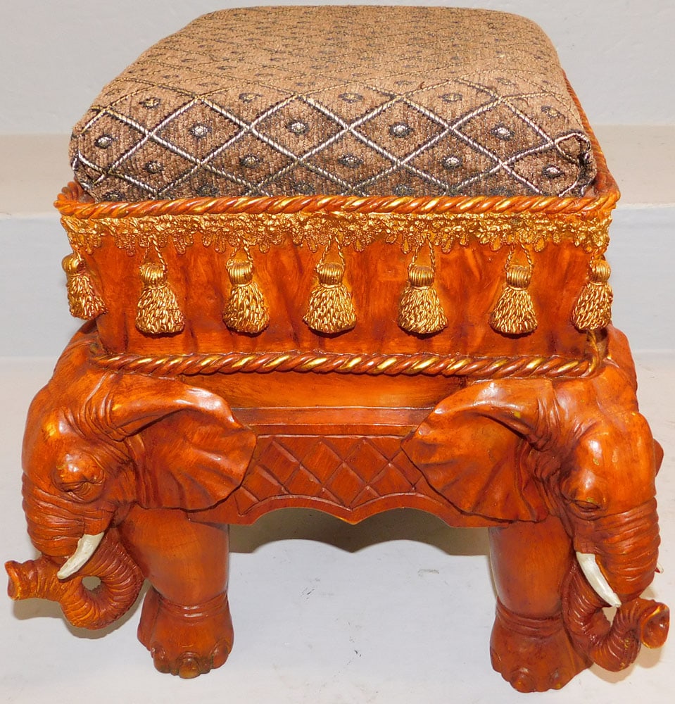 Painted Resin Elephant Form Foot Stool: Painted Resin Elephant Form Foot Stool. 13 1/2" H 14" W 14 1/4" D ALL DESCRIPTIONS AND ANY CONDITION STATEMENT GIVEN BY LANGSTON AUCTION GALLERY ARE STRICTLY OPINIONS AND LANGSTON'S SHALL HAVE NO RESP