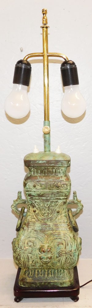 Bronze Oriental Vase Made Into Lamp in Verdigris Finish: Bronze Oriental Vase Made Into Lamp in Verdigris Finish . 30 1/4" H 7" W 6 1/2" D ALL DESCRIPTIONS AND ANY CONDITION STATEMENT GIVEN BY LANGSTON AUCTION GALLERY ARE STRICTLY OPINIONS AND LANGSTON'S SH