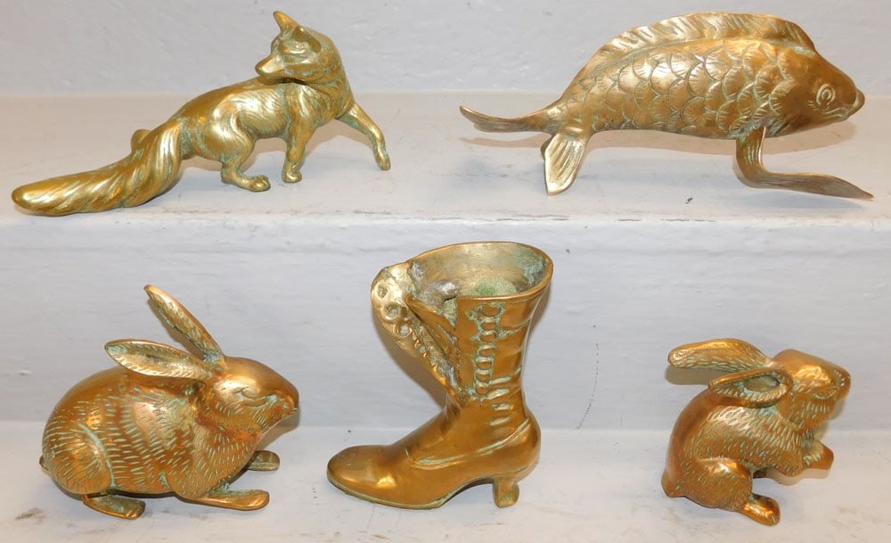 Lot of Brass Figurines & Boot Vase: Lot of Brass Figurines & Boot Vase . Up to 9" L ALL DESCRIPTIONS AND ANY CONDITION STATEMENT GIVEN BY LANGSTON AUCTION GALLERY ARE STRICTLY OPINIONS AND LANGSTON'S SHALL HAVE NO RESPONSIBILITY FOR ERR