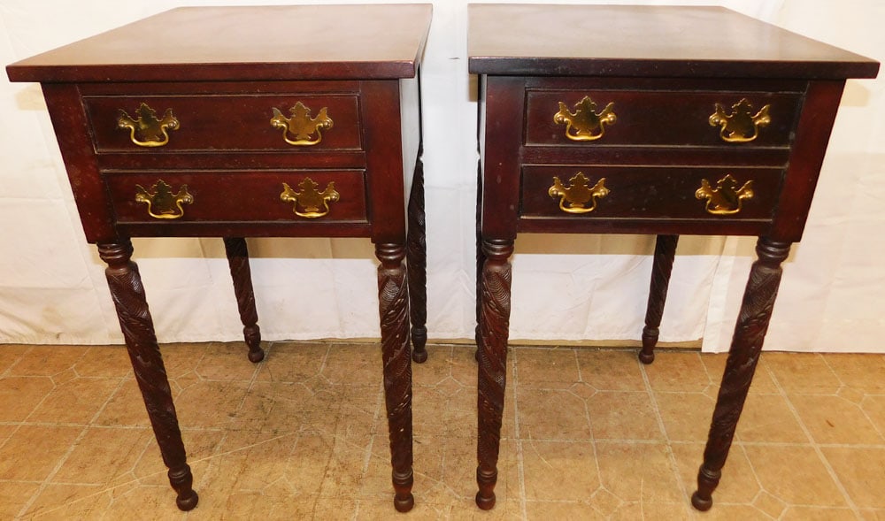 Pair of Mahogany Acanthus Leaf Carved Two Drawer Stands: Pair of Mahogany Acanthus Leaf Carved Two Drawer Stands . 32" H 19 1/4" W 20 1/4" D ALL DESCRIPTIONS AND ANY CONDITION STATEMENT GIVEN BY LANGSTON AUCTION GALLERY ARE STRICTLY OPINIONS AND LANGSTON'S 