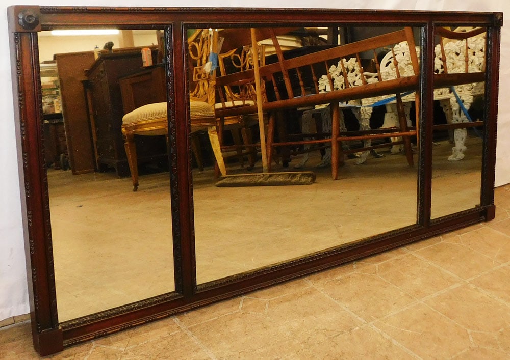 Carved Mahogany Framed Over The Mantel Mirror: Carved Mahogany Framed Over The Mantel Mirror. 21 3/4" x 48" ALL DESCRIPTIONS AND ANY CONDITION STATEMENT GIVEN BY LANGSTON AUCTION GALLERY ARE STRICTLY OPINIONS AND LANGSTON'S SHALL HAVE NO RESPONSIB