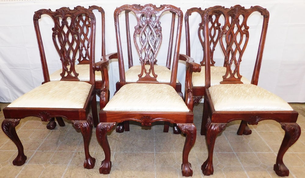 Set of Six Carved Mahogany Dining Chairs with Ball & Claw Feet: Set of Six Carved Mahogany Dining Chairs with Ball & Claw Feet. 40 3/4" H 25" W 22" D ALL DESCRIPTIONS AND ANY CONDITION STATEMENT GIVEN BY LANGSTON AUCTION GALLERY ARE STRICTLY OPINIONS AND