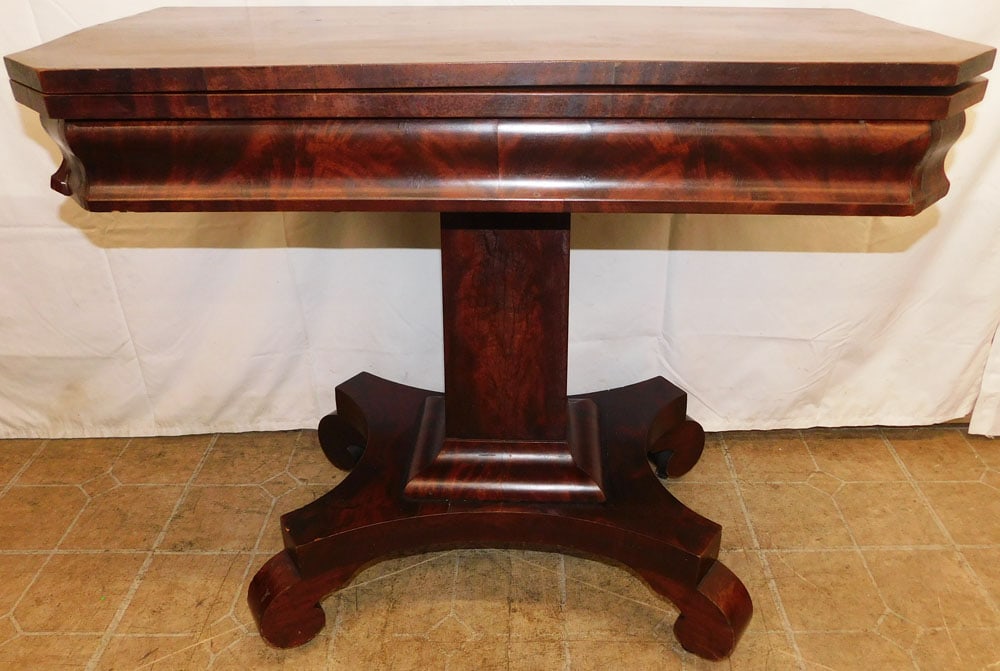 19th Century Mahogany Empire Fold Over Top Game Table: 19th Century Mahogany Empire Fold Over Top Game Table . 29 1/2" H 35" W 16 1/2" D ALL DESCRIPTIONS AND ANY CONDITION STATEMENT GIVEN BY LANGSTON AUCTION GALLERY ARE STRICTLY OPINIONS AND LANGSTON'S SH