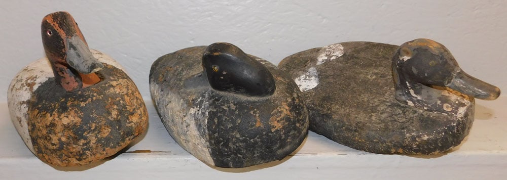 Three Painted Wood & Cork Back Duck Decoys: Three Painted Wood & Cork Back Duck Decoys . Up to 7" H 13 1/2" L ALL DESCRIPTIONS AND ANY CONDITION STATEMENT GIVEN BY LANGSTON AUCTION GALLERY ARE STRICTLY OPINIONS AND LANGSTON'S SHALL HAVE NO RESP