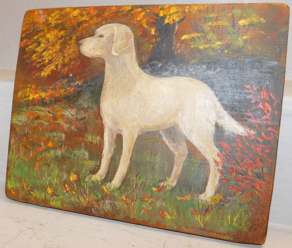 Painted Pine Panel of Hunting Dog Artist Signed (1 of 2)