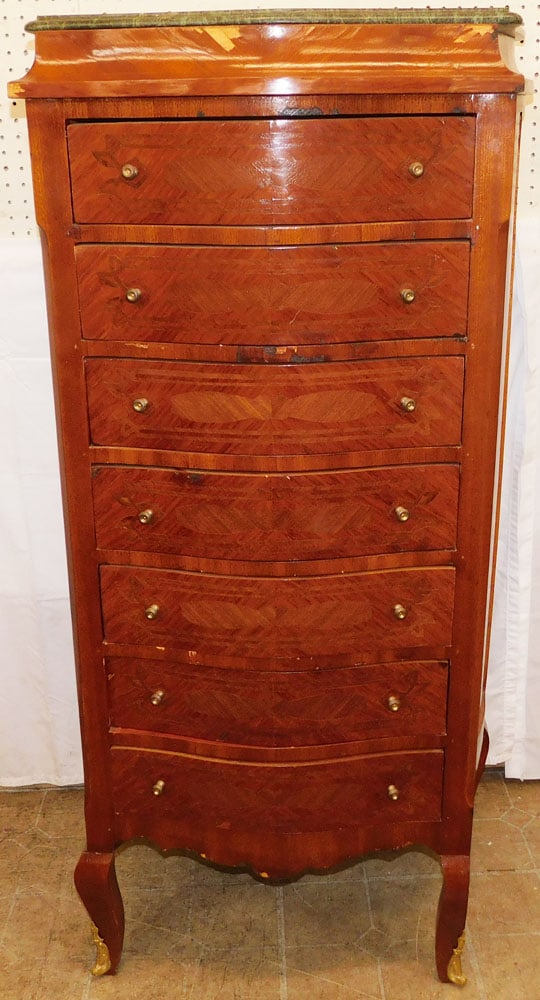 Walnut French Seven Drawer Tall Chest with Marble Top, (Veneer Loss): Walnut French Seven Drawer Tall Chest with Marble Top, (Veneer Loss). 54 3/4" H 28 1/4" W 18" D ALL DESCRIPTIONS AND ANY CONDITION STATEMENT GIVEN BY LANGSTON AUCTION GALLERY ARE STRICTLY OPINIONS AND