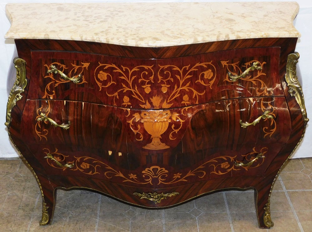 French Rosewood Inlaid & Bronze Ormolu Marble Top Three Drawer Commode, (Some Veneer Loss): French Rosewood Inlaid & Bronze Ormolu Marble Top Three Drawer Commode, (Some Veneer Loss). 36" H 53 1/4" W 20" D ALL DESCRIPTIONS AND ANY CONDITION STATEMENT GIVEN BY LANGSTON AUCTION GALLERY ARE STR
