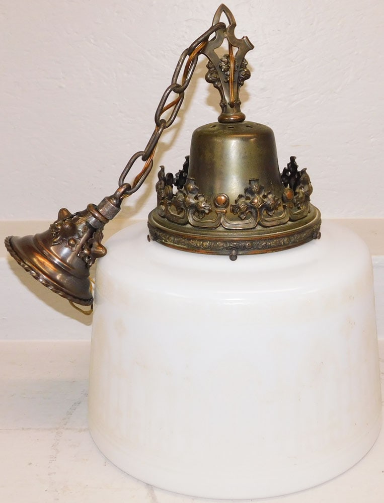 Antique Gothic Style Opaque Glass Shade Chandelier: Antique Gothic Style Opaque Glass Shade Chandelier . 20 1/2" H 16" Dia. ALL DESCRIPTIONS AND ANY CONDITION STATEMENT GIVEN BY LANGSTON AUCTION GALLERY ARE STRICTLY OPINIONS AND LANGSTON'S SHALL HAVE N