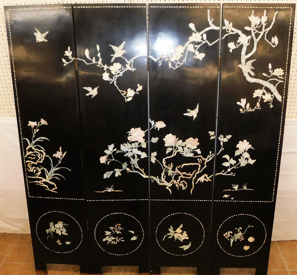 Oriental Mother of Pearl Inlaid Four Panel Room Divider: Oriental Mother of Pearl Inlaid Four Panel Room Divider . 72 1/4" H 65" W ALL DESCRIPTIONS AND ANY CONDITION STATEMENT GIVEN BY LANGSTON AUCTION GALLERY ARE STRICTLY OPINIONS AND LANGSTON'S SHALL HAVE