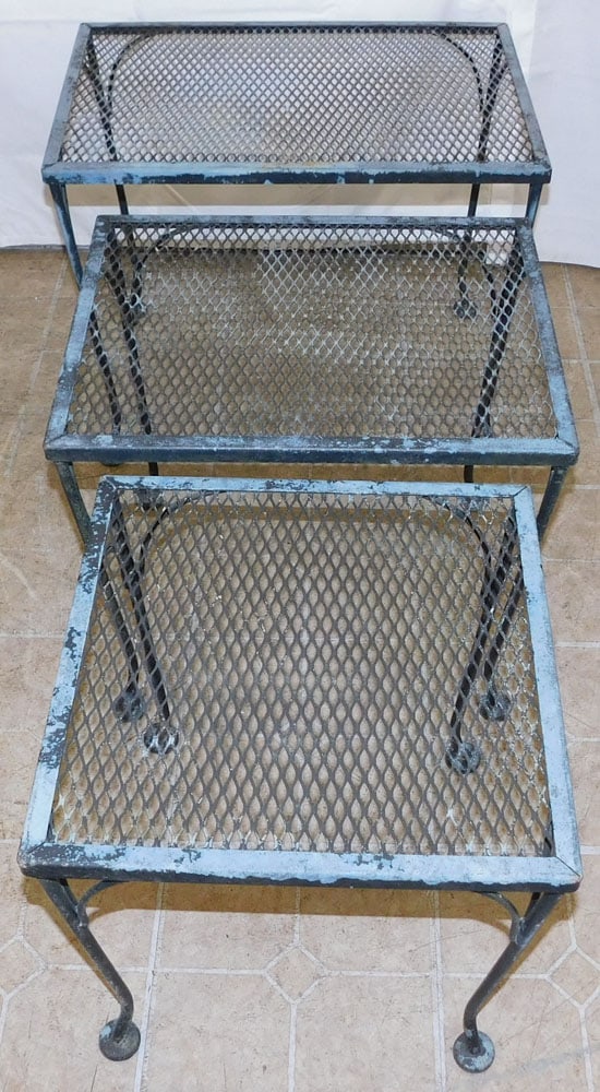 Set of Three Wrought Iron Nesting Tables: Set of Three Wrought Iron Nesting Tables. 19 1/4" H 24 1/4" W 16 1/4" D ALL DESCRIPTIONS AND ANY CONDITION STATEMENT GIVEN BY LANGSTON AUCTION GALLERY ARE STRICTLY OPINIONS AND LANGSTON'S SHALL HAVE N