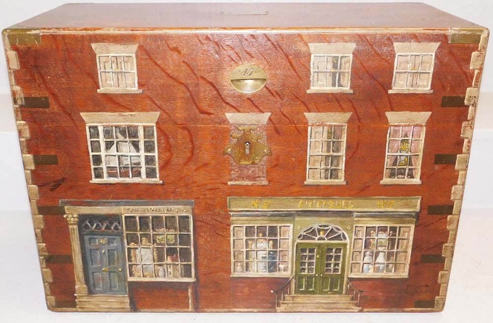 Antique Oak Brass Bound & Paint Decorated Campaign Style Box: Antique Oak Brass Bound & Paint Decorated Campaign Style Box . 14 1/2" H 20 1/2" W 9 1/4" D ALL DESCRIPTIONS AND ANY CONDITION STATEMENT GIVEN BY LANGSTON AUCTION GALLERY ARE STRICTLY OPINIONS AND LAN