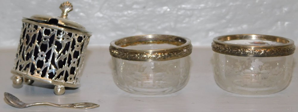 Three Antique Sterling Lined & Rimmed Glass Cellars, One Cobalt Glass, Weighable 1.41 ozt. (1 of 9)